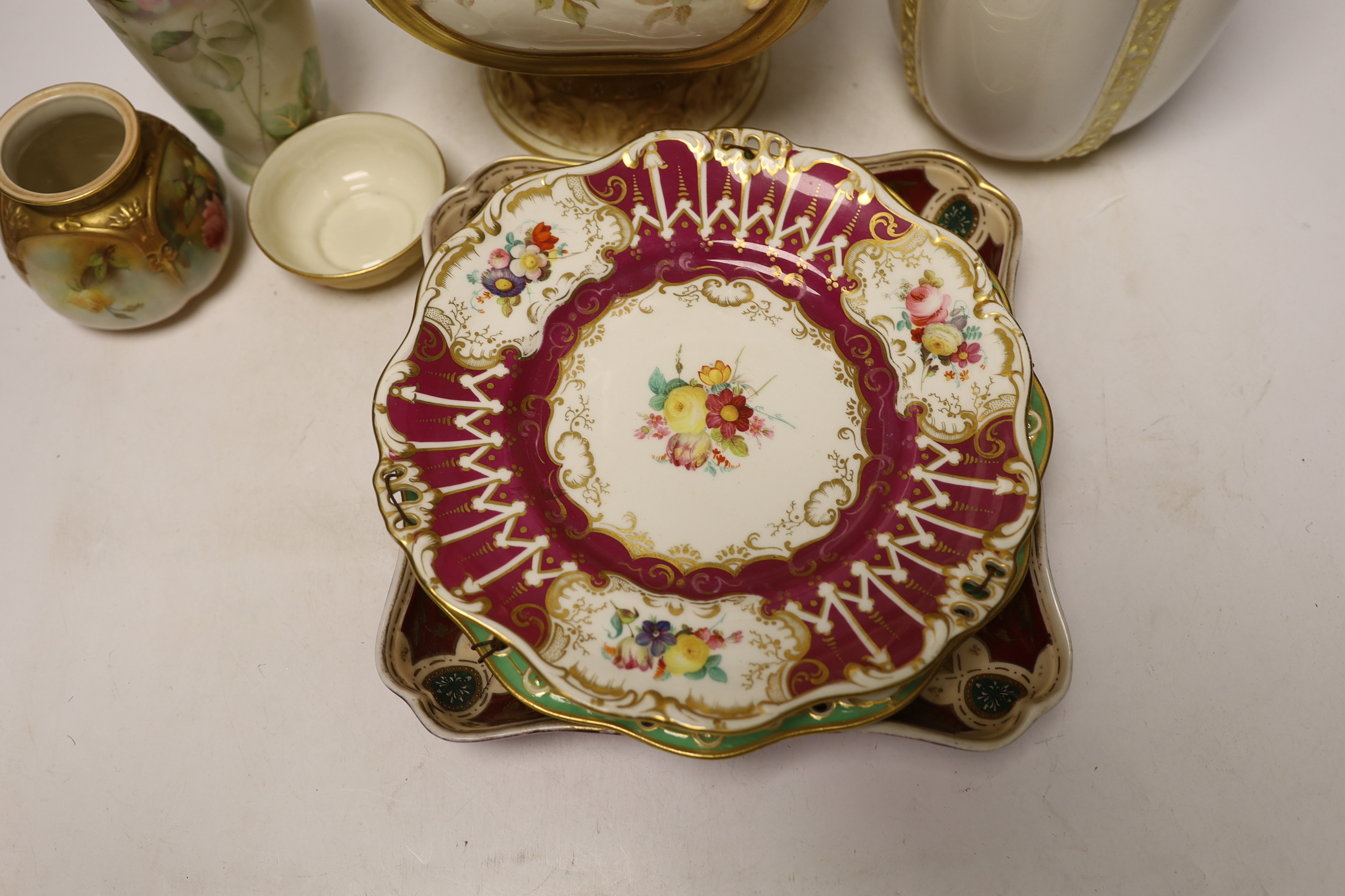 A large Doulton Burslem vase, c.1900 possibly made for Exhibition, a similar lobed vase, a Royal Worcester pot and dish and other ceramics, largest 51cm high (8)